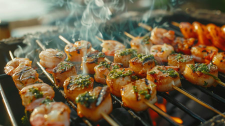 Seafood skewers on a grill, cooking prawns and scallops with herbs and spices outdoors.の素材