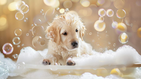 Puppy getting a scrub with a soft brush, surrounded by soap bubbles and water.の素材