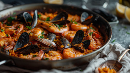 Seafood paella in a traditional pan, filled with shrimp, mussels, and clams, ready to serve.の素材
