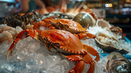 Seafood market display with fresh fish, crabs, and shellfish on ice, ready for purchase.の素材
