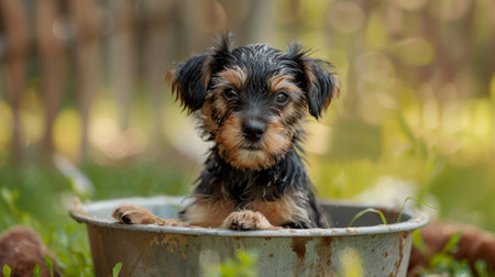 Puppy getting its paws cleaned in a small basin, looking playful and curious.の素材
