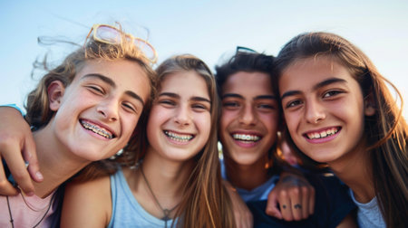 Smiling group of friends, with one friend showing off their braces proudly.の素材