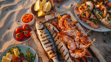 Seafood barbecue party on a beach, with grilled fish, shrimp skewers, and seafood kebabs.の素材