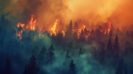 Wildfire burning in a forest, with smoke billowing into the sky amid dry conditions.の素材