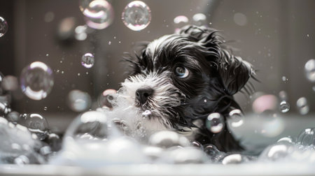 Puppy playing with bubbles in the bath, trying to catch them with its mouthの素材