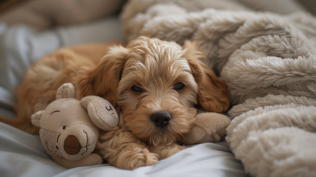 Puppy cuddling with a stuffed animal on a soft bed, showcasing a moment of tenderness.の素材