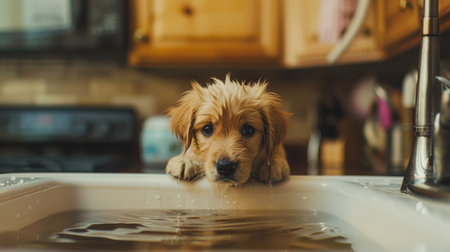 Puppy standing in a sink filled with water, looking curious and a little bewildered.の素材