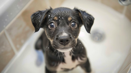 Puppy sitting in a bathtub, looking up at the camera with big, innocent eyes.の素材