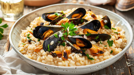 Seafood risotto served in a white bowl, topped with mussels and garnished with parsley.の素材