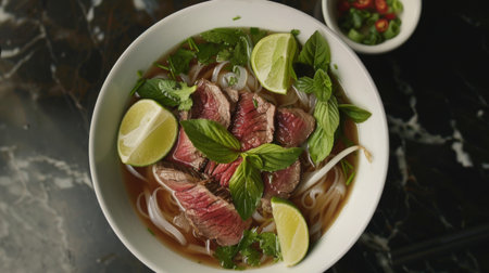 Vietnamese pho noodle soup with sliced beef, fresh herbs, and lime wedges.の素材