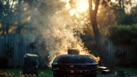 Smoke from a barbecue grill rising against a suburban backyard backdrop.の素材