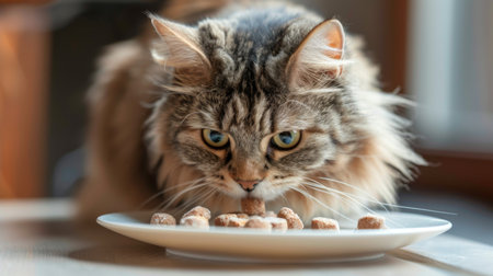 Round cat with a thick fur coat nibbling at a plate of gourmet cat treats.の素材