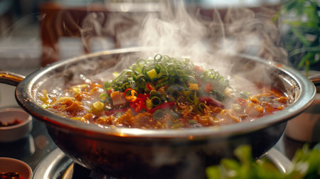 Steam rising from a hot pot filled with spicy Sichuan broth and fresh vegetables.の素材