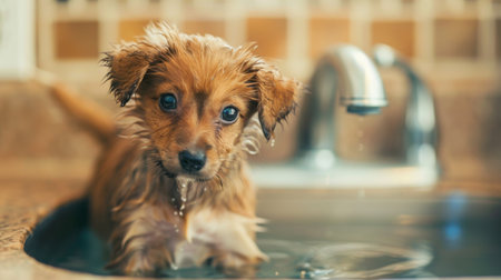 Puppy standing in a sink filled with water, looking curious and a little bewildered.の素材