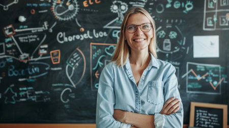 Smiling teacher standing in front of a chalkboard filled with educational diagrams.の素材