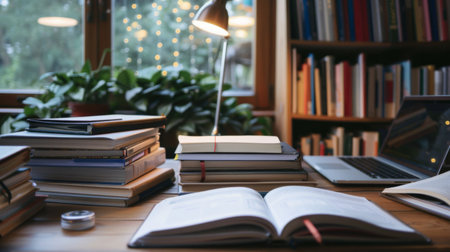 Student's desk with textbooks, notebooks, and a laptop for studying.の素材