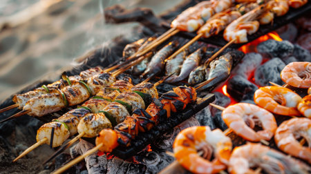 Seafood barbecue party on a beach, with grilled fish, shrimp skewers, and seafood kebabs.の素材