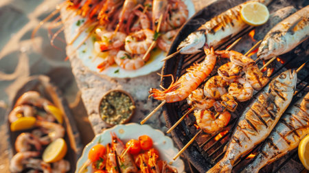 Seafood barbecue party on a beach, with grilled fish, shrimp skewers, and seafood kebabs.の素材