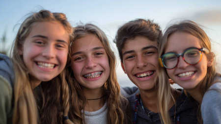 Smiling group of friends, with one friend showing off their braces proudly.の素材
