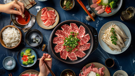 Traditional Japanese shabu-shabu meal with thinly sliced beef and dipping sauces.の素材