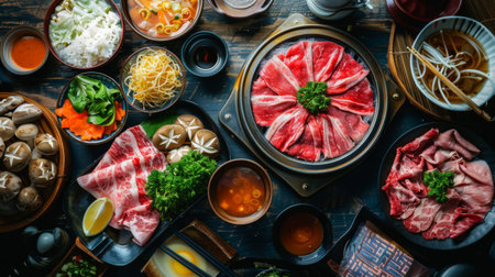 Traditional Japanese shabu-shabu meal with thinly sliced beef and dipping sauces.の素材