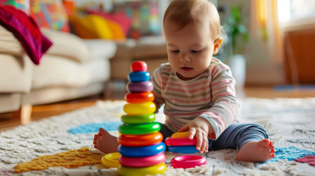 Toddler playing with a set of stacking rings, developing fine motor skills.の素材