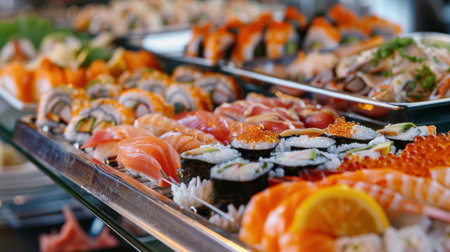 Seafood buffet with a variety of dishes including sushi, sashimi, and seafood salads.の素材