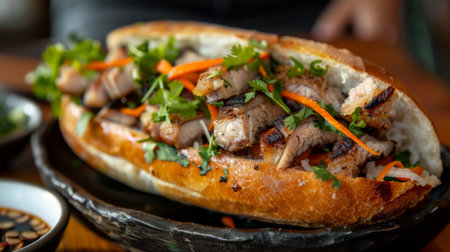 Vietnamese banh mi sandwich with grilled pork, pickled vegetables, and fresh herbs on a baguette.の素材
