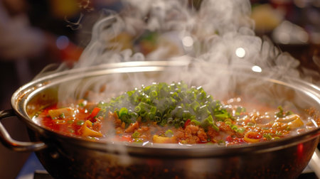 Steam rising from a hot pot filled with spicy Sichuan broth and fresh vegetables.の素材