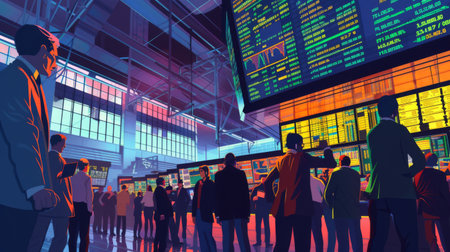 Trading floor of a stock exchange with traders reacting to market graphs and data.の素材