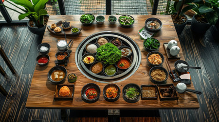 Wooden hot pot table with individual dipping sauces and condiments for customization.の素材