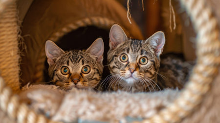 Two cats playing hide-and-seek in a cat house with tunnels and hiding spots.の素材
