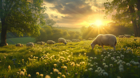 Tranquil countryside scene with sheep grazing on lush green pastures in the evening light.の素材