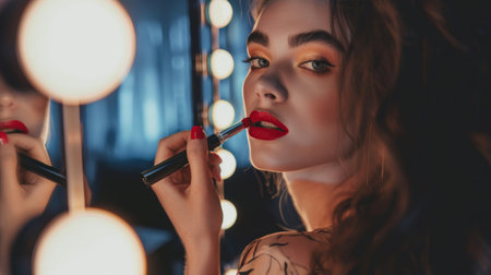 Woman applying a bold red lipstick in front of a well-lit mirror, preparing for an evening out.の素材