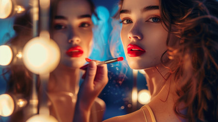 Woman applying a bold red lipstick in front of a well-lit mirror, preparing for an evening out.の素材