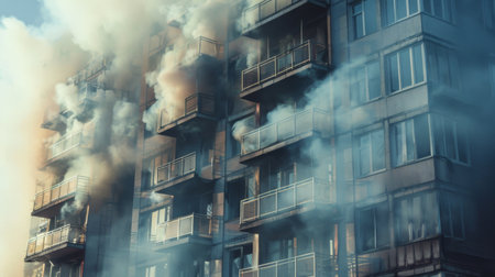 Urban apartment building fire with smoke escaping from windows and balconies.の素材