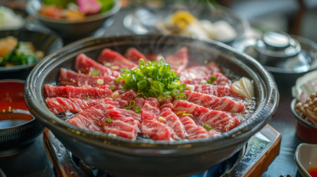 Traditional Japanese shabu-shabu meal with thinly sliced beef and dipping sauces.の素材