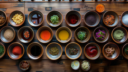 Wooden hot pot table with individual dipping sauces and condiments for customization.の素材