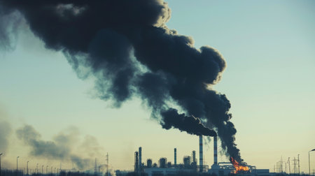 Thick black smoke billowing from a burning industrial facility, against a clear sky.の素材