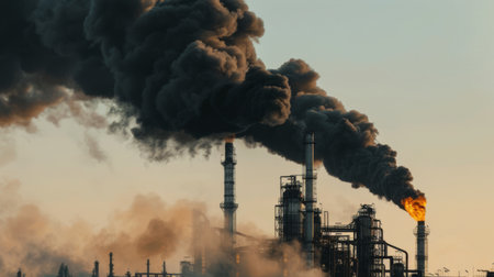 Thick black smoke billowing from a burning industrial facility, against a clear sky.の素材