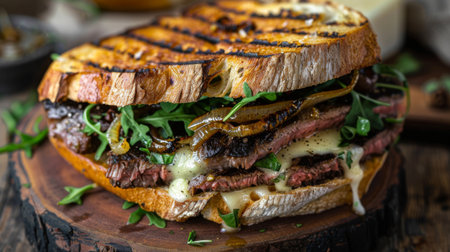 A rustic steak sandwich with grilled bread, caramelized onions, melted cheese, and arugula.の素材