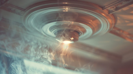 A smoke alarm going off in a residential home, with faint smoke visible in the air.の素材