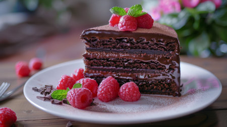 A slice of decadent chocolate cake with layers of ganache and raspberries, garnished with mint leaves.の素材