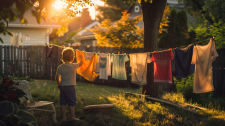 Child helping to hang clothes on a clothesline in a family backyard.の素材