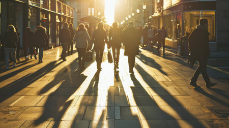 Silhouettes of people walking on a city sidewalk, with long shadows stretching across the pavement.の素材