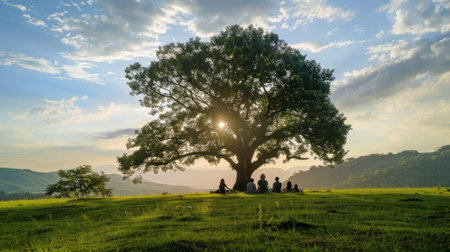 Family having a picnic under a large tree on a soft green grassy field in the countryside.の素材