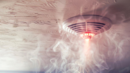 Close-up of smoke detector activated with visible smoke in a home interior.の素材