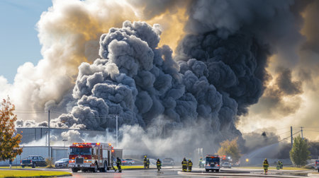 Industrial factory fire with billowing smoke and emergency responders on scene.の素材