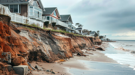 Coastal erosion due to rising sea levels, impacting seaside communities and infrastructure.の素材