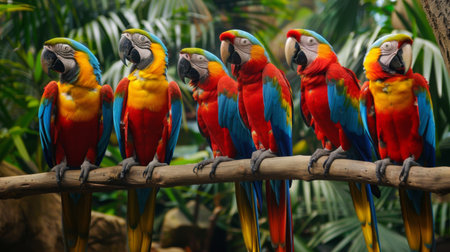 Group of colorful macaws perched on a branch, showcasing their vibrant feathers at the zooの素材